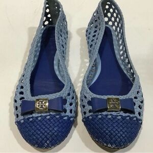 Tory Burch Blue Woven Flats with Decorative Bow